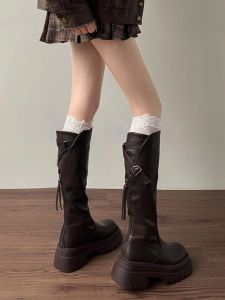 Brown Thick Bottom High Tube Knee-Height Boots Womens Autumn Winter Slimming Long Boots British Style round Toe Zipper Closure