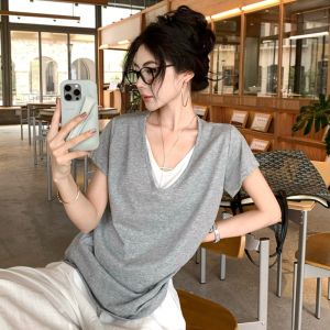SHUQINGLAI | Fake Two-Piece V-Neck Regular Shoulder Short Sleeve Cotton Loose Fit Slimming Stylish T-Shirt