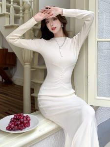 High Waist Elastic Knitting Dress for Women Bodycon Style with Long Sleeves and Turtleneck Pure Color Pure Yarn Knitted Skirt