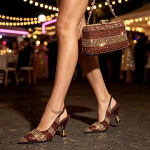 Luxury Royal Blue Crystal Rhinestone Slingback Pumps Matching Chain Clutch Bag Women Point Toe Mid Heels Shoes For Banquet Prom