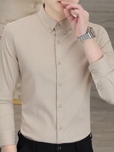 HENGYUANXIANG | Iron Free Long Sleeve Mens Shirt Casual Business Embroidery Khaki Color Spring Autumn New Arrival Fashion Urban Style Standard Fit