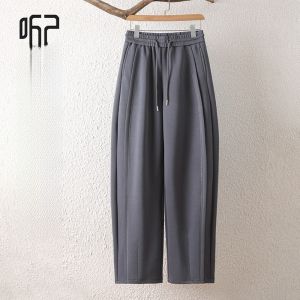 Tiiwgjiy | Womens Deep Grey Knitted Banana Pants Elastic Waist Loose Sports Trousers Spring Autumn High Waist Long Cotton Polyester Blend