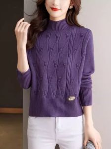 Fashionable Short Half-High Collar Base Shirt Inner Wear Top Womens Stylish Knitted Sweater Korean Style Loose Fit Long Sleeve