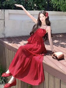 CHANGTONG | Váy midi không tay màu đỏ ngọt ngào thanh lịch mùa hè Váy nữ sinh phong cách cổ điển thường ngày Váy ngọt ngào mùa hè