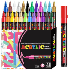 12/18/24pcs Vibrant Acrylic Markers Set Medium Point (2-3mm) Marker Pens for Rock Painting Black Paper Skateboard Decoration