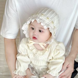Princess Style Baby Hat with Pearl Trim Spring Autumn Floral Lace Baby Headwear Child Outing Windproof Cap Female Toddler Ear Protection Hat