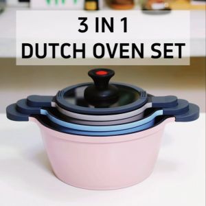 8 Pcs Cookware Set Stackable Dutch Oven Cast Aluminum Stock pots with Glass Lid Non-Stick Stew Pot with Suction knobs Stovetop