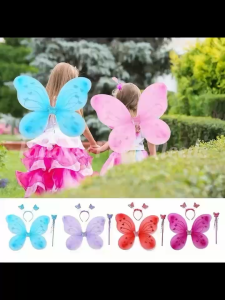 3in1 Set Flower Fairy Wings Kids Costume Green Butterfly Wings Party Wand Headband Beauty Wings for Girls Accessory