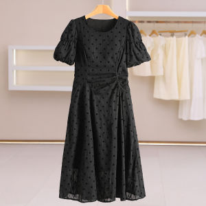 Elastic Sleeve Slimming Polka Dot Long Dress