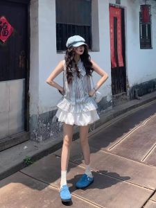 Áo Sơ Mi Nữ Tay Không Cổ Treo Sọc Phong Cách Hàn Quốc Mùa Hè Thiết Kế Rộng Rãi Không Dây Độc Đáo Đẹp Không Dây Áo Sơ Mi