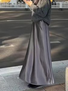 Gray Simple Versatile Chic Midi Skirt Womens High Waist Slimming Mid-Length Skirts Autumn New Style Commute Korean Style