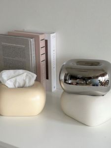 Nordic Creamy Silver Ceramic Tissue Box Creative Home Living Room Bedroom Desktop Decorative Accessories Display Piece