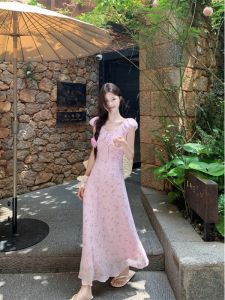 Elegant V-Neck Floral Print Long Dress Womens A-Line Slimming Gown Autumn 2025 New Style High Waist Bubble Sleeve Commute