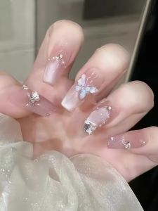 Manci Handmade Wear Nail Finished Patch Blush Cat Eye Diamond Butterfly Manicure Fake Nails UV Nail Bride Nail