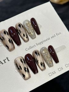 Ins Handmade Wearable Nail Art Autumn Winter New Leopard Print Cat Eye High Gloss Sparkling Removable Medium Long Nail Tips
