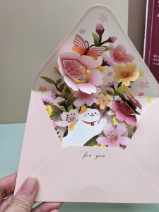 3D Cat Flower Birthday Greeting Card Cute Japanese Style for Girlfriend Friend Holiday Festival Wish Card with Envelope