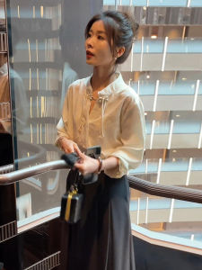New Chinese Style Womens Shirt Spring Collection Long Sleeve White Silk Satin Button up Stand Collar Elegant Fashionable Top