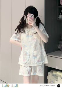 Original Mikko การ์ตูน ฤดูร้อน ใหม่ ชุดนอน ผู้หญิง น่ารัก หวาน เสื้อผ้าบ้านพร้อมแผ่นรองหน้าอกตุ๊กตา ปกเสื้อ แขนสั้น Pure ผ้าฝ้าย