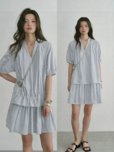 POPCHRIO | Đầm Mini Tay Ngắn Cotton Cổ V Phong Cách Pháp