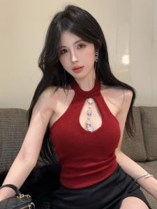 GUZILIAN | Áo ba lỗ hở lưng gợi cảm cạp cao cổ chữ V tay ngắn mùa xuân thu cho nữ phong cách Hàn Quốc dáng quả lê chất liệu khác