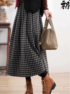 High Waist A-Line Mini Skirt for Women Vintage Checkered Slimming Mid-Length Half Body Skirts Korean Style Commute Wear