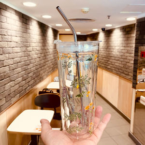Double Layered Heat Insulated Glass Cup for Women High Aesthetic Value Heat Resistant Large Capacity Straw Cup Anti Scalding Office Tea Brewing Cup