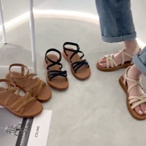 Cbox 2024 Summer Korean edition flat bottom sandals of womens elastic strap feet cross soft sole student casual sandals