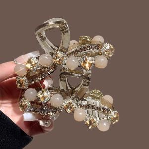 Elegant Pearl Rhinestone Butterfly Knot Hair Clip Womens Back of Head Shark Clamp Hair Accessories Fashionable Hair Card