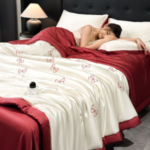 Bedding four-piece set new embroidered washed ice silk summer quilt sheet machine washable washed air conditioner quiltsummer cool quilt four-piece set (bed sheet * 1 air conditioner quilt * 1 pillowcase * 2)