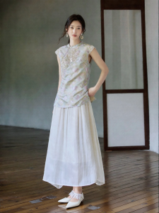 JK&JS | Traditional Style Rayon Jacquard Trim Stand Collar Relaxed Fit Off-White Dress