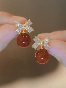 Retro Red Pearl Butterfly Knot Super Shiny Zircon Earrings High-End French Style Autumn Winter New Fashion Jewelry Accessories