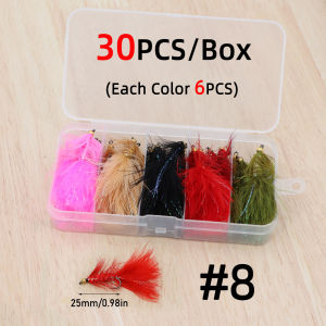 30PCS/Box #4 #6 #8 Brass Beadhead Woolly Bugger Streamers Fly 5 Colors Assorted Fishing Flies Set Bass Pike Game Fish Lure