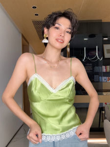 Daily Romance Summer French Pearl Powder/Vanilla Green Lace Splice V-Neck  Silk Strap Top Womens Fashion Vest