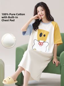 Miiow | Pure Cotton Womens Sleep Dress With Chest Pad Cute Cartoon Short Sleeve Home Clothes Can Be Worn Outside Comfortable Summer Pyjama