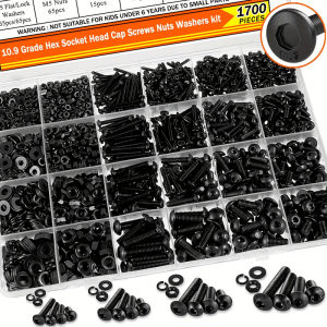 1700PCS M2 M3 M4 M5 Hex Button Head Screw Nut Bolt Kit Grade 10.9 Alloy Steel Metric Assortment with Lock Flat Washers Case