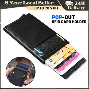 Slim Aluminum Wallet with Elasticity Back Pouch ID Credit Card Holder Mini RFID Wallet Automatic Pop Up Bank Card Case Wallet Metal Thin Slim Bank Card Case Men Women Pop Up Minimalist Wallet Small Black Purse Metal Vallet Mens Bag Ultra Thin Rfid