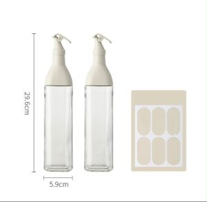 Kitchen Condiments Bottle Set Square Glass Oil Bottle Seasoning Pot and Wooden Rack with Label Soy Sauce Oil Vinegar Cooking Wine Dispenser Glass Oil Pot Leak-Proof Spice Bottles Cruets Kitchen Utensils