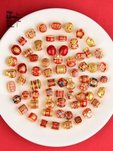 Alluvial Gold Red Blessing Word Copper Coin Six Words Proverbs Barrel Beads as Right as Rain Lucky Lucky Bracelet DIY Accessories Rich Armor Female