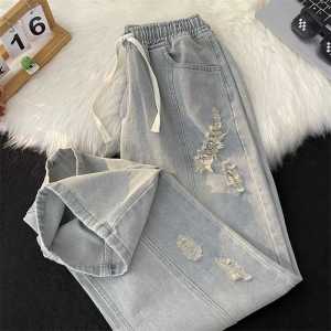 Spring & Fall Ripped Denim Mens American High Street Loose Pants Trendy Loose Straight-leg Retro Elastic Waist Casual Pants