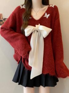 plus Size Womens Knitted Sweater V-Neck Long Sleeve Overhead Christmas Red Butterfly Knot Gentle Wind Winter Spring Fashion