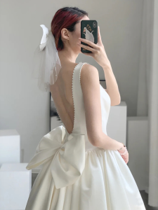 Simple White Slim Fit Wedding Dress for Women Mid Waist A-Line Skirt Sleeveless with U-Collar for Daily Party Wedding Mat Rite
