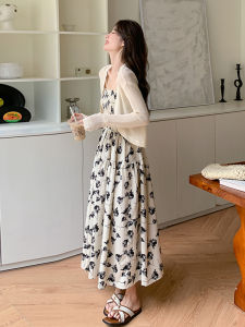 Summer Floral Print Open Cardigan Shawl Dress Womens Vacation Long Dress Two-Piece Set Elegant Lightweight A-Line Skirt