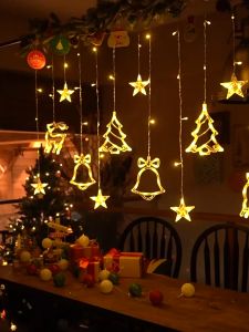 HOMEMORY Solar Christmas Curtain Lights 4M 120LED Waterproof Star Reindeer Bell Christmas Tree Hanging Fairy Lights for Outdoor Window Garden Holiday Decorations