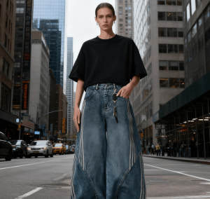 Women Wide Leg Jeans Vintage Y2K Reconstruction Custom Distressed Wash Stripe Denim Pants Trendy Comfort Fit