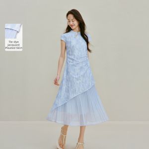 INMAN | Vintage Style Gradient Embroidery Short Sleeve Cheongsam Dress