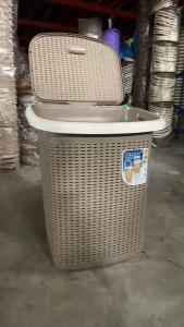 Large Plastic Rattan Laundry Basket with Lid Wheels Pull Up Handle Home Storage Organizer For Clothes