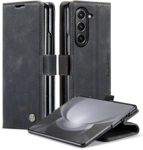 Wallet Case for Samsung Galaxy Z Fold 7 6 5 Retro Matte Premium PU Leather Magnetic Flip Folio Case with RFID Blocking Card Slots Durable TPU Shell Kickstand Phone Protective Cover - Black