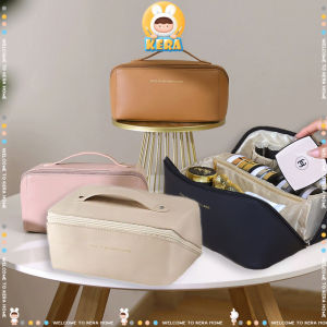 กระเป๋าเครื่องสําอาง สีครีม กระเป๋าออแกไนเซอร์ กระเป๋าเครื่องสำอางทรงหมอน แบบพกพา หนัง PU กันน้ํา