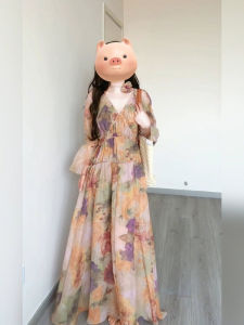 Xin Zheng Yan Cỡ Lớn Nữ Đầm Tranh Sơn Dầu Cổ Điển Kiểu Pháp In Cổ Chữ V Tay Áo Bong Bóng Dài Thon Gọn Vòng Eo Lễ Phục Thoải Mái