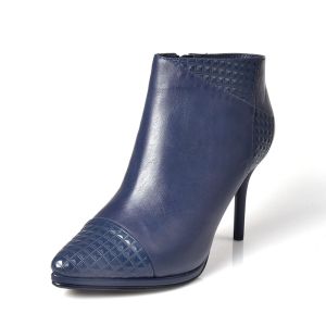 Deep Blue Short Boots Glue Splicing Smooth Surface High Heels Fashionable Autumn Spring Season Amei Cowhide Leather Shoes